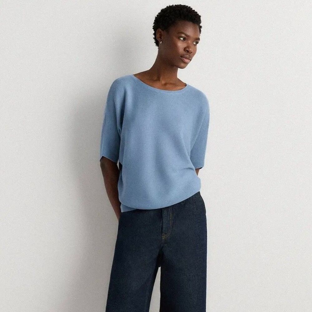 Quince Lightweight Cotton Cashmere Link-Stitch Dolman Sweater Spring Blue Sz M